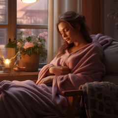 young adult female napping on couch realistic illustration