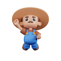 3d Character Farmer Jumping In The Air Pose. 3d render isolated on transparent backdrop.