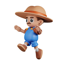 3d Character Farmer Jumping Pose. 3d render isolated on transparent backdrop.