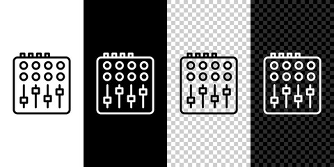 Set line Sound mixer controller icon isolated on black and white background. Dj equipment slider buttons. Mixing console. Vector - obrazy, fototapety, plakaty