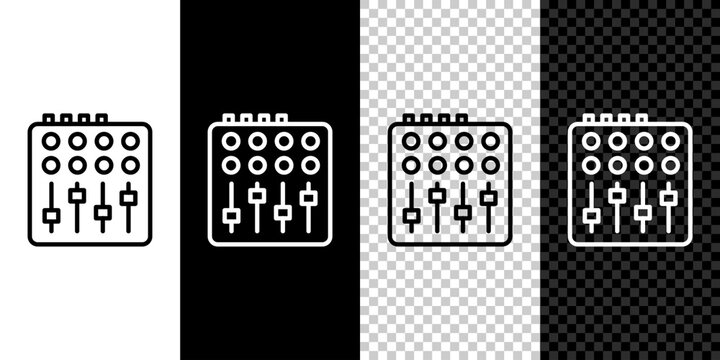Set line Sound mixer controller icon isolated on black and white background. Dj equipment slider buttons. Mixing console. Vector