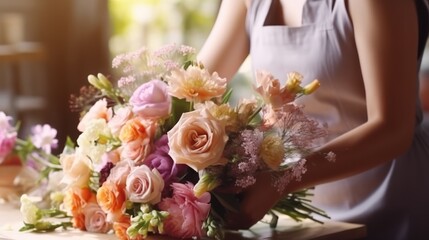 Obraz na płótnie Canvas Florists create beautiful bouquets mixed with fresh flowers