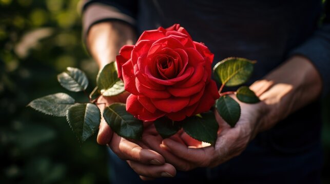 Gardener's hand holding a blooming red rose Natural light telephoto lens