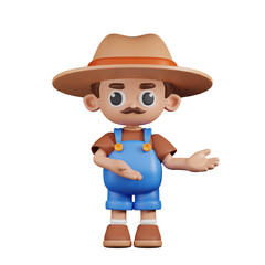 3d Character Farmer Pointing To Something Pose. 3d render isolated on transparent backdrop.
