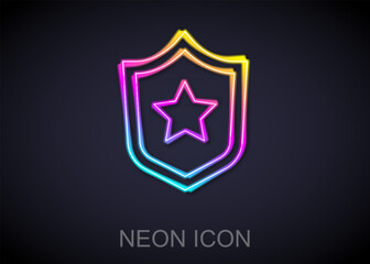 Glowing neon line Police badge icon isolated on black background. Sheriff badge sign. Shield with star symbol. Vector
