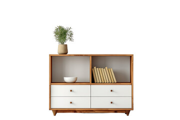 Wooden Drawers Bookshelf With White Unit Cabinet Storage on transparent background