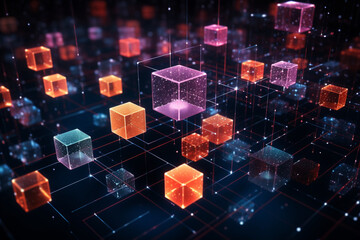 A visual representation of blockchain networks, with interconnected blocks and encrypted data, symbolizing the secure and transparent nature of decentralized systems, aesthetic look