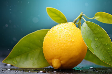 A yellow lemon with water drops and leaf over silver background
