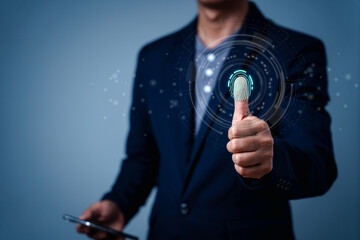 Businessman scans fingerprints to gain access to information Virtual concept of cyber data security and encryption, secure access to user personal data, secure internet access, cyber security