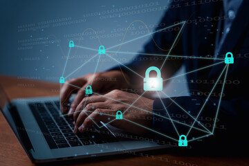  Businessman touching an icon key through the virtual screen,concept of cyber securitydata security and encryption, secure access to user personal data, secure internet access, cyber security
