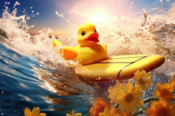 AI generated illustration of a yellow rubber duck surfing on sea waves - obrazy, fototapety, plakaty