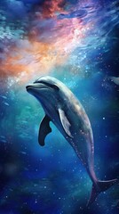 AI generated illustration of a cosmic dolphin serenely swimming through the milky way galaxy