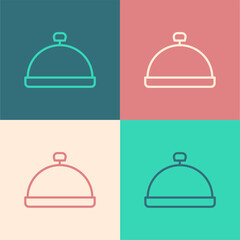 Pop art line Covered with a tray of food icon isolated on color background. Tray and lid sign. Restaurant cloche with lid. Vector