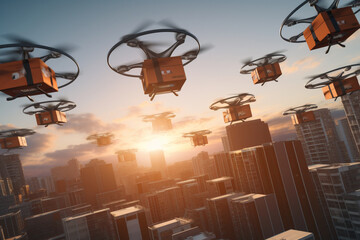 An aerial shot of delivery drones in flight, showcasing the potential of autonomous technology for efficient and fast delivery services, aesthetic look