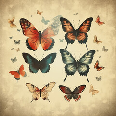 photo of a group of butterflies flying over each other, in the style of vintage poster style