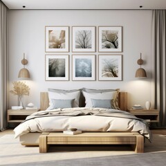 AI generated illustration of picture frames hanging above a bed in a modern bedroom