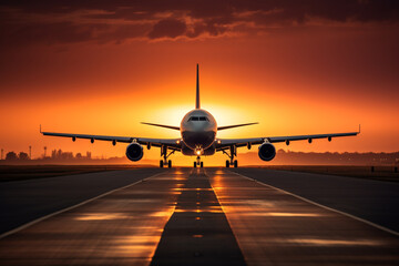 Fototapeta na wymiar An airplane moments from touching down on the runway at sunrise, aesthetic look