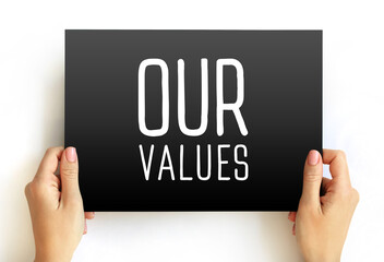 Our Values text on card, concept background