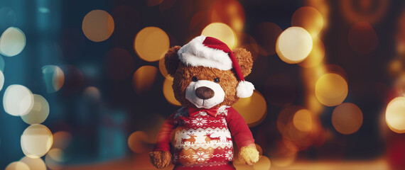 Cute Teddy Bear plushie wearing Christmas clothes - obrazy, fototapety, plakaty