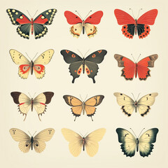 photo of a group of butterflies flying over each other, in the style of vintage poster style
