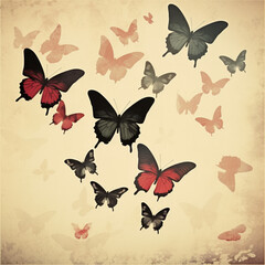 photo of a group of butterflies flying over each other, in the style of vintage poster style