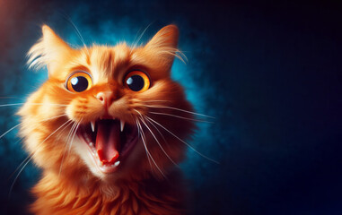 Crazy red cat with big eyes and open mouth on a blue background