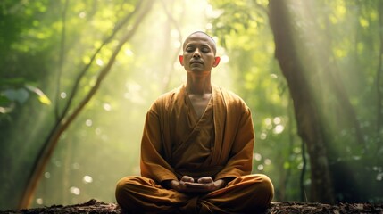 Thai monk meditating in the green forest - obrazy, fototapety, plakaty