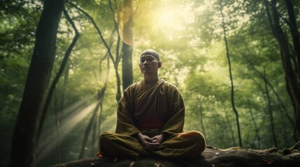 Thai monk meditating in the green forest