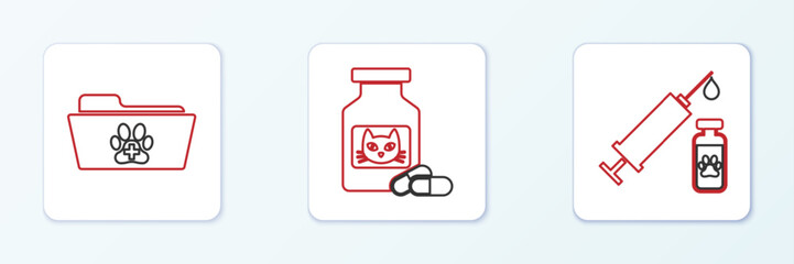 Set line Syringe with pet vaccine, Medical veterinary record folder and Cat medicine bottle and pills icon. Vector
