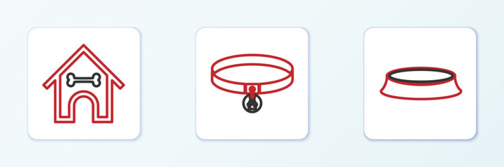 Set line Pet food bowl, Dog house and bone and Collar with name tag icon. Vector