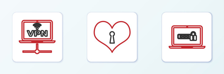 Set line Laptop with password, VPN Computer network and Heart keyhole icon. Vector