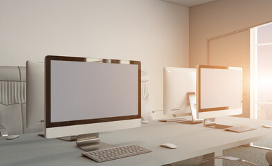 Modern meeting room. 3D rendering.. Sunset.