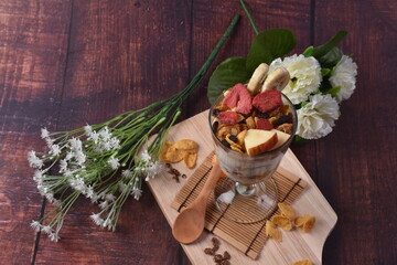 Yogurt Delights : Fresh Fruit Ice Cream Dessert with Flower prop around glass cup
