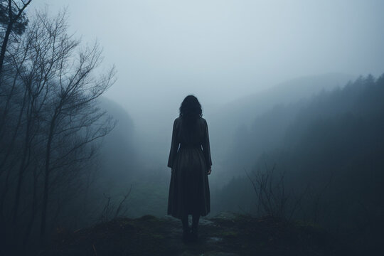 Back view of a sad woman standing alone in a misty morning, Shot in the mountain, dark light photography