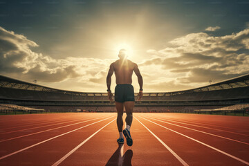Back view of male athlete in starting position on running track, soft light photography