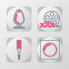 Set line Condom in package, Spanking paddle, Film reel with Sex and Anal plug icon. Vector