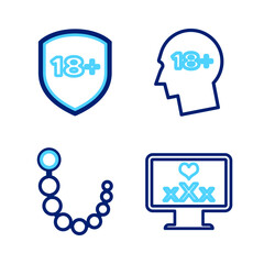 Set line Monitor with 18 plus content, Anal beads, Head and Shield icon. Vector