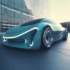 AI generated illustration of a blue futuristic sports car parked on the street