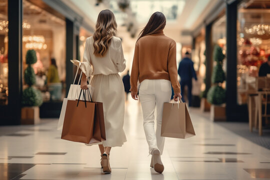 Back view of stylish girls in skirts and high heeled shoes holding paper bags and walking in shopping mall, soft light photography