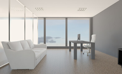 Furniture set with table, chairs and devices. 3D rendering.