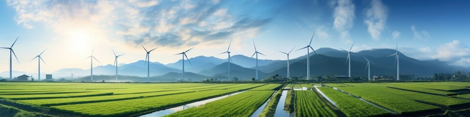 Solar wind turbines and rice fields wide angle lens natural lighting