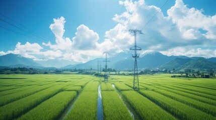 Fototapeta na wymiar Solar wind turbines and rice fields wide angle lens natural lighting
