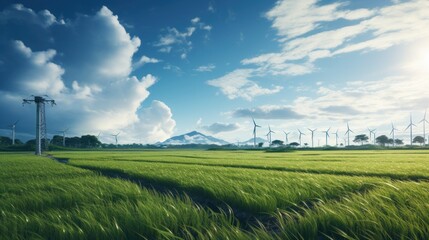 Solar wind turbines and rice fields wide angle lens natural lighting - obrazy, fototapety, plakaty