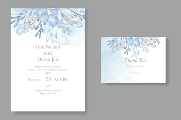 blue winter leaves watercolor wedding invitation
