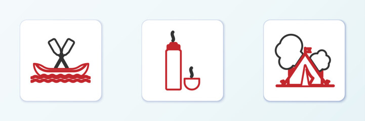 Set line Tourist tent with flag, Rafting boat and Thermos container icon. Vector