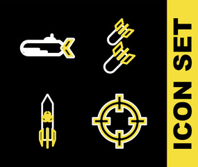Set line Aviation bomb, Target sport, Biohazard rocket and Submarine icon. Vector