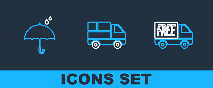 Set line Free delivery service, Umbrella and rain drops and Delivery truck with boxes icon. Vector