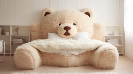 A fuzzy bear shaped animal rectangular bed with thin headboard in a cute room, white 