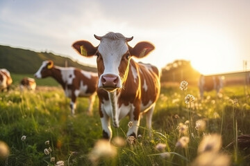 Beautiful sunset on a pasture or a meadow, where cows and calves graze on a green grass, Cow grazing on a pasture during a sunset, Countryside pasture with green grass and flowers, cattle grazing - obrazy, fototapety, plakaty