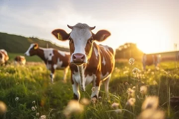 Fotobehang Beautiful sunset on a pasture or a meadow, where cows and calves graze on a green grass, Cow grazing on a pasture during a sunset, Countryside pasture with green grass and flowers, cattle grazing © alisaaa